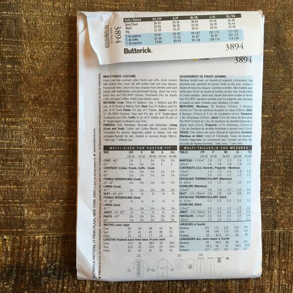 Butterick Sewing Pattern 3894 Victorian Pirate Captain Hook Cosplay L XL UNCUT - Picture 2 of 2